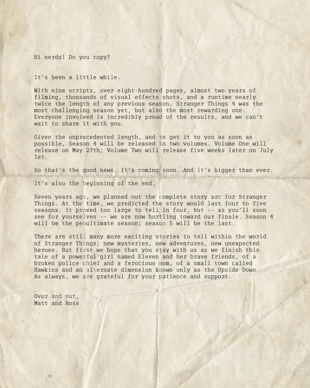 Stranger Things Letter To Fan Season Four