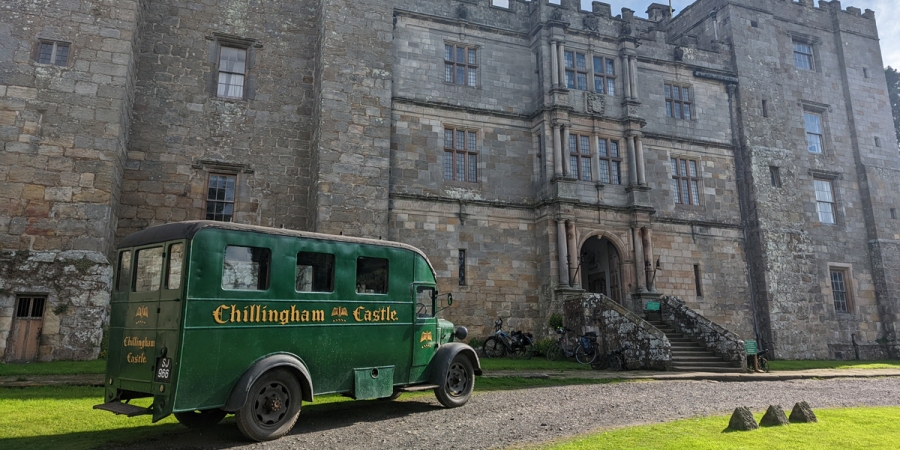 An old van parked outside Chillingham Castle